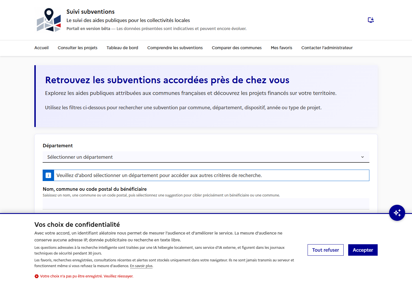 Formulaire de recherche multicritère des projets