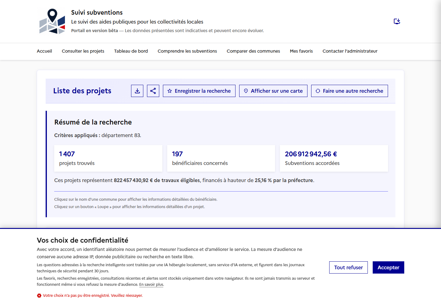 Liste de projets avec résumé et critères actifs