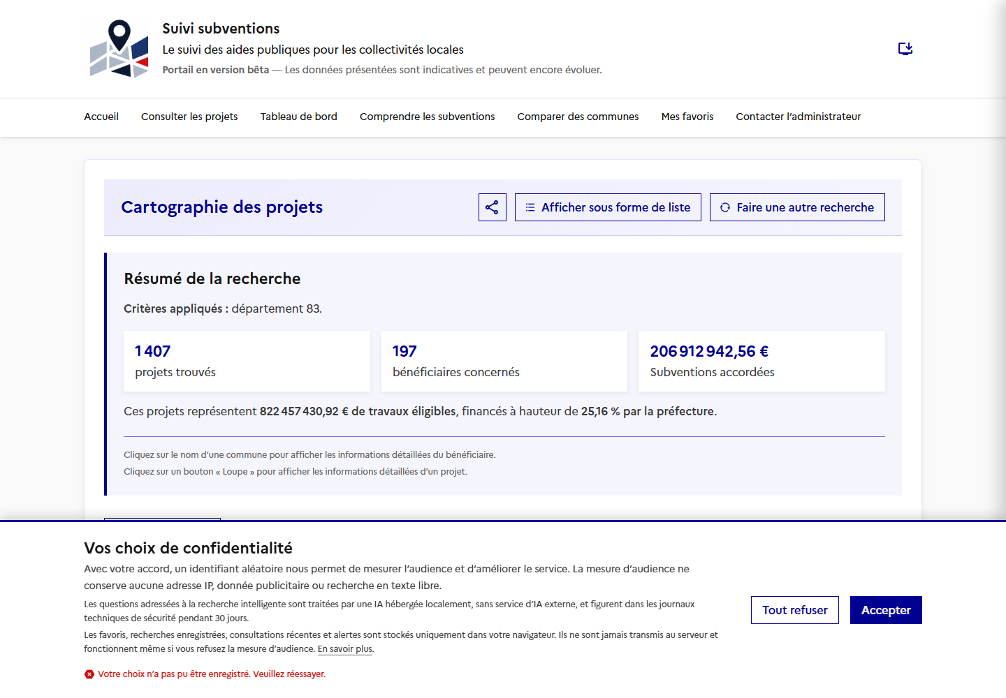 Carte générale des projets subventionnés