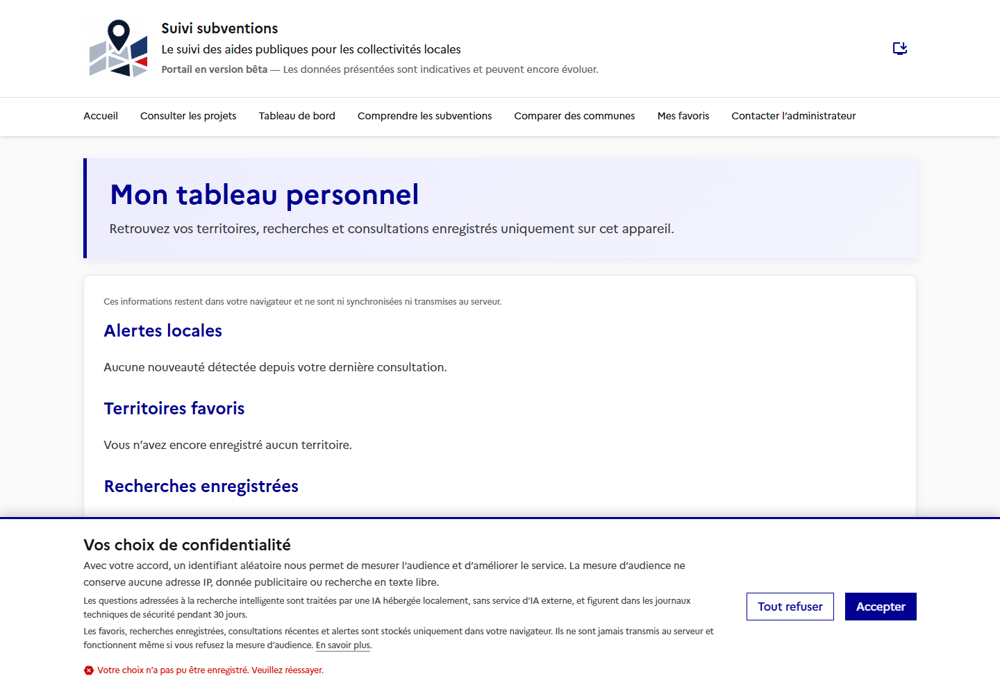 Tableau personnel avec favoris et recherches enregistrées